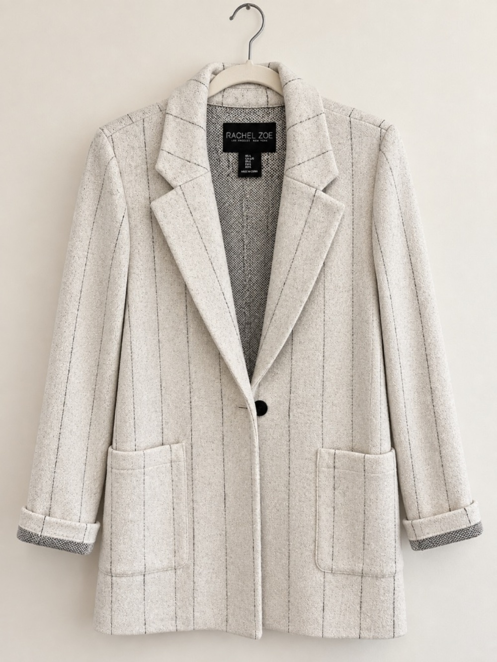 Rachel Zoe Cream Gray Pinstripe Longline Knit Blazer Coatigan L